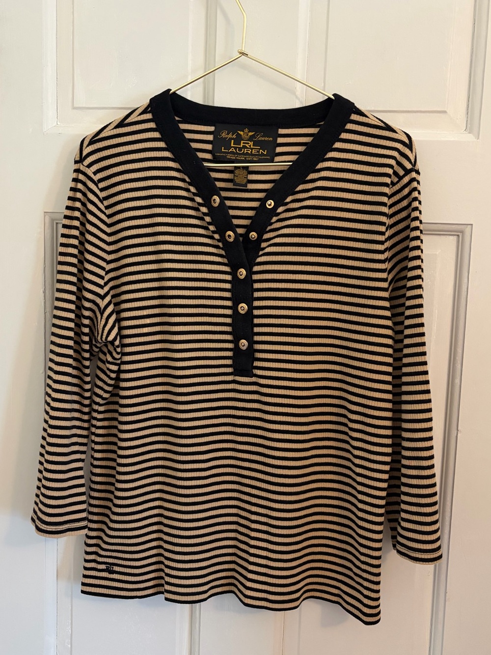 Vintage Y2K Lauren Ralph Lauren Striped Henley 100% cotton black/gold size Large